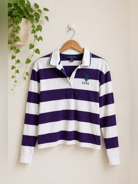 U.S. Polo Assn. Purple & White Striped Rugby Shirt Women's M Cropped‎ Cotton